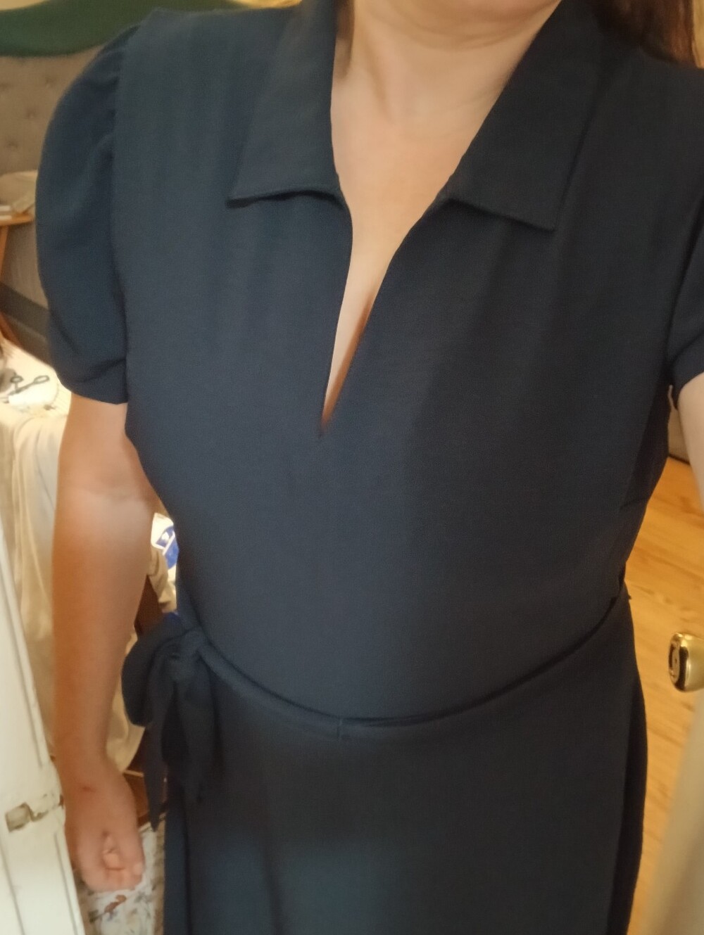 DKNY Puff Sleeve Beautiful Navy Blue  Maxi Dress With Tie Belt